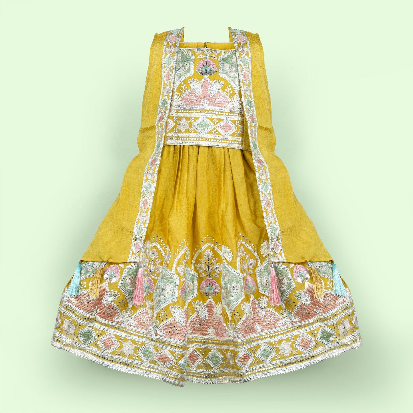 Little Diva’s Delight: Khaki Dark Lehenga Choli with Lace and Elastic Waist Skirt by Sparkle