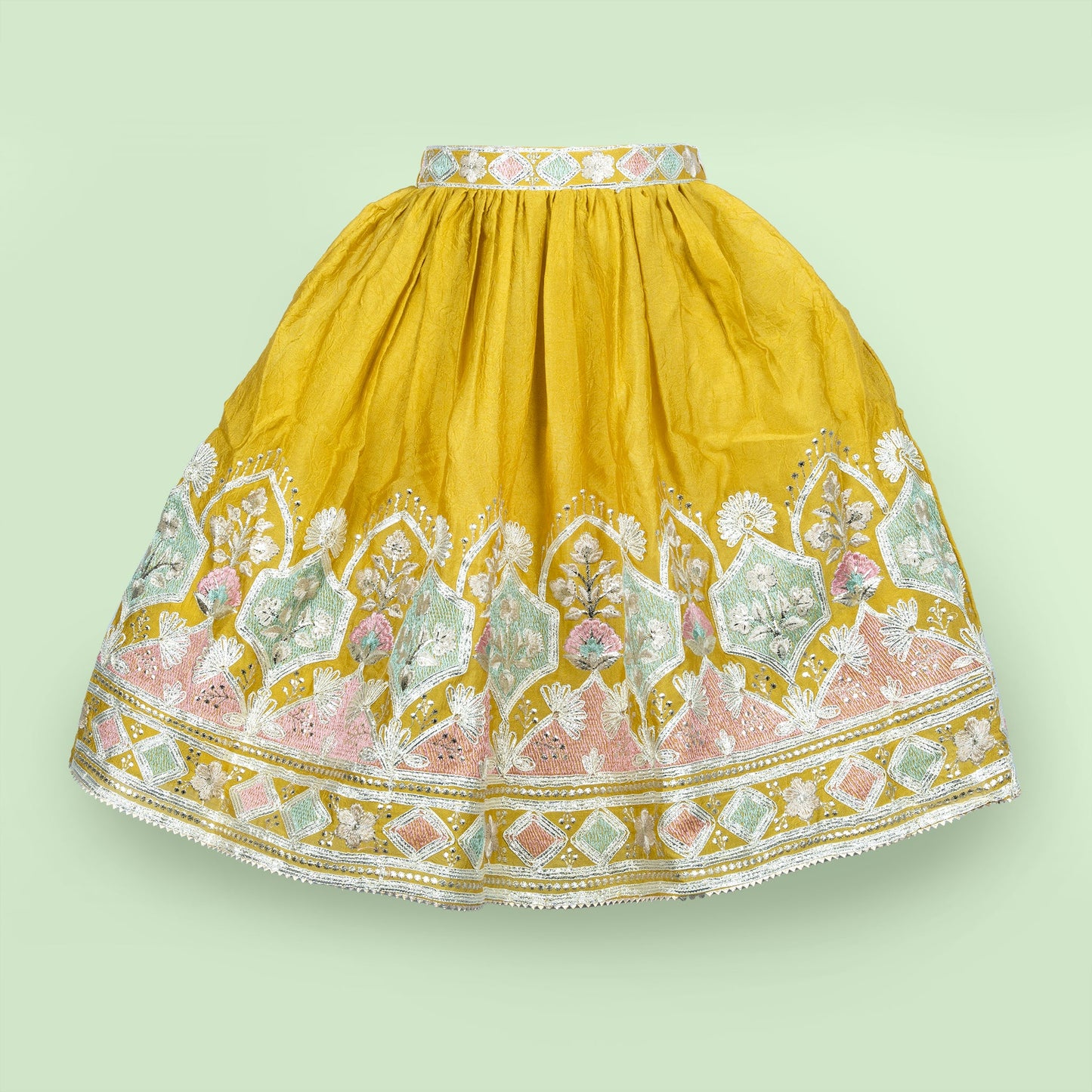 Little Diva’s Delight: Khaki Dark Lehenga Choli with Lace and Elastic Waist Skirt by Sparkle