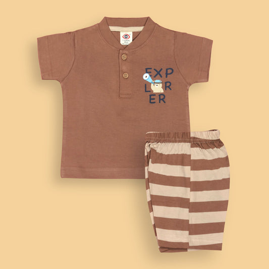 Zero Boys’ Summer Essentials Set – Camel Color Half Sleeve Teddy Bear Cartoon Tee with Front Button & Elastic Waist Shorts