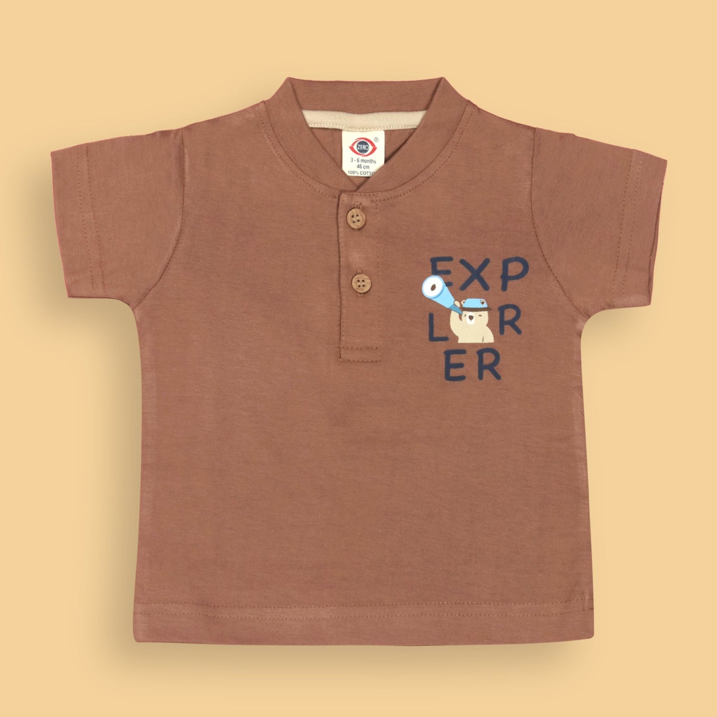 Zero Boys’ Summer Essentials Set – Camel Color Half Sleeve Teddy Bear Cartoon Tee with Front Button & Elastic Waist Shorts