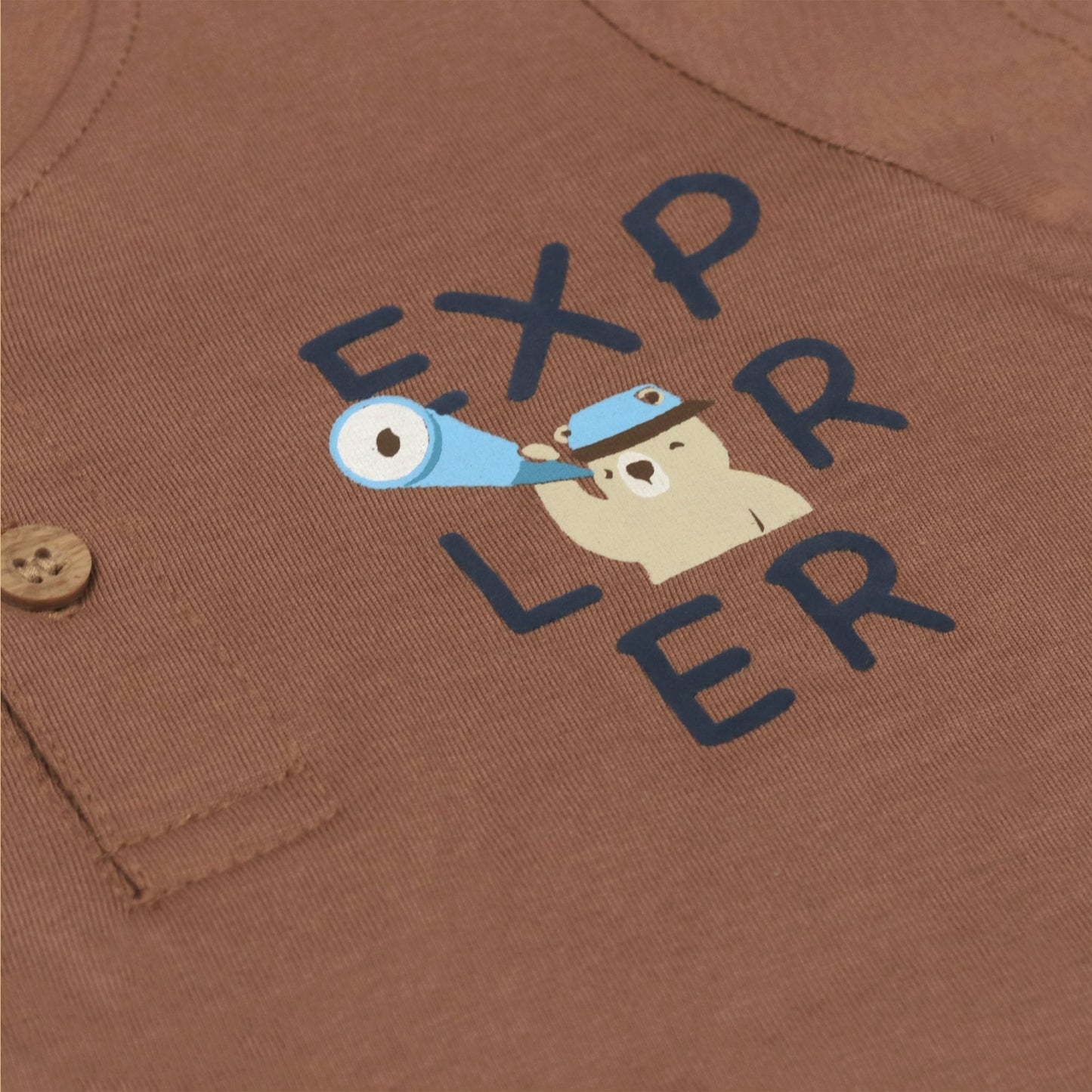 Zero Boys’ Summer Essentials Set – Camel Color Half Sleeve Teddy Bear Cartoon Tee with Front Button & Elastic Waist Shorts