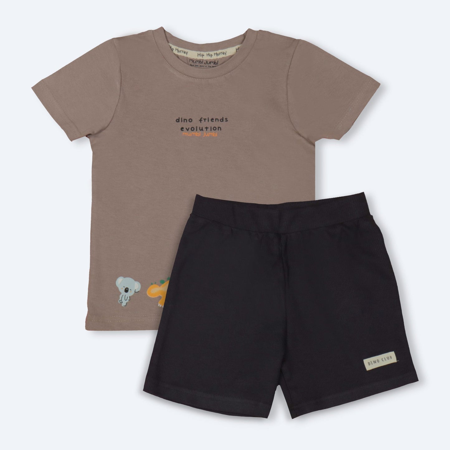 Mumbl Jumbl Girls’ Soft Cotton T-shirt & Shorts Set With Dinosaur Print - Camel Brown