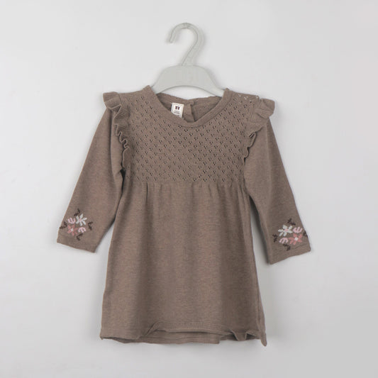 Toffyhouse Camel Cotton Knit Winter Frock with Full Sleeves & Back Button – Includes Socks