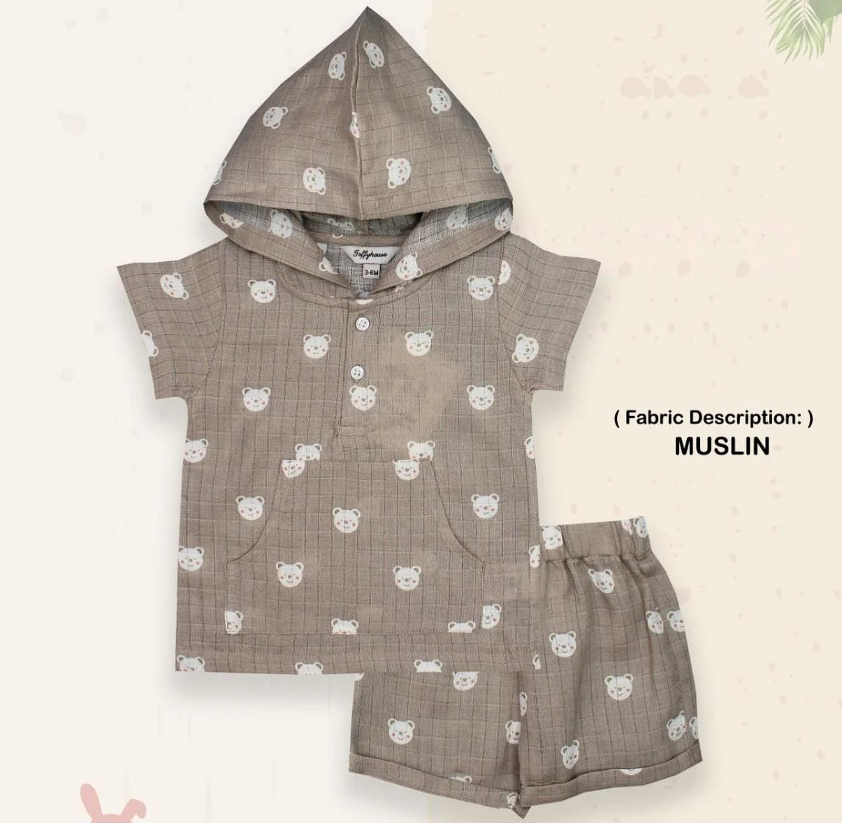 Toffyhouse Teddy Bear Printed Muslin T-Shirt & Cotton Shorts Set – Camel Color