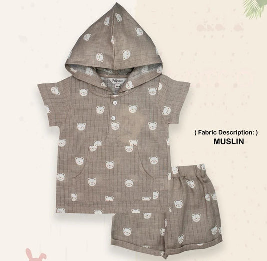 Toffyhouse Teddy Bear Printed Muslin T-Shirt & Cotton Shorts Set – Camel Color