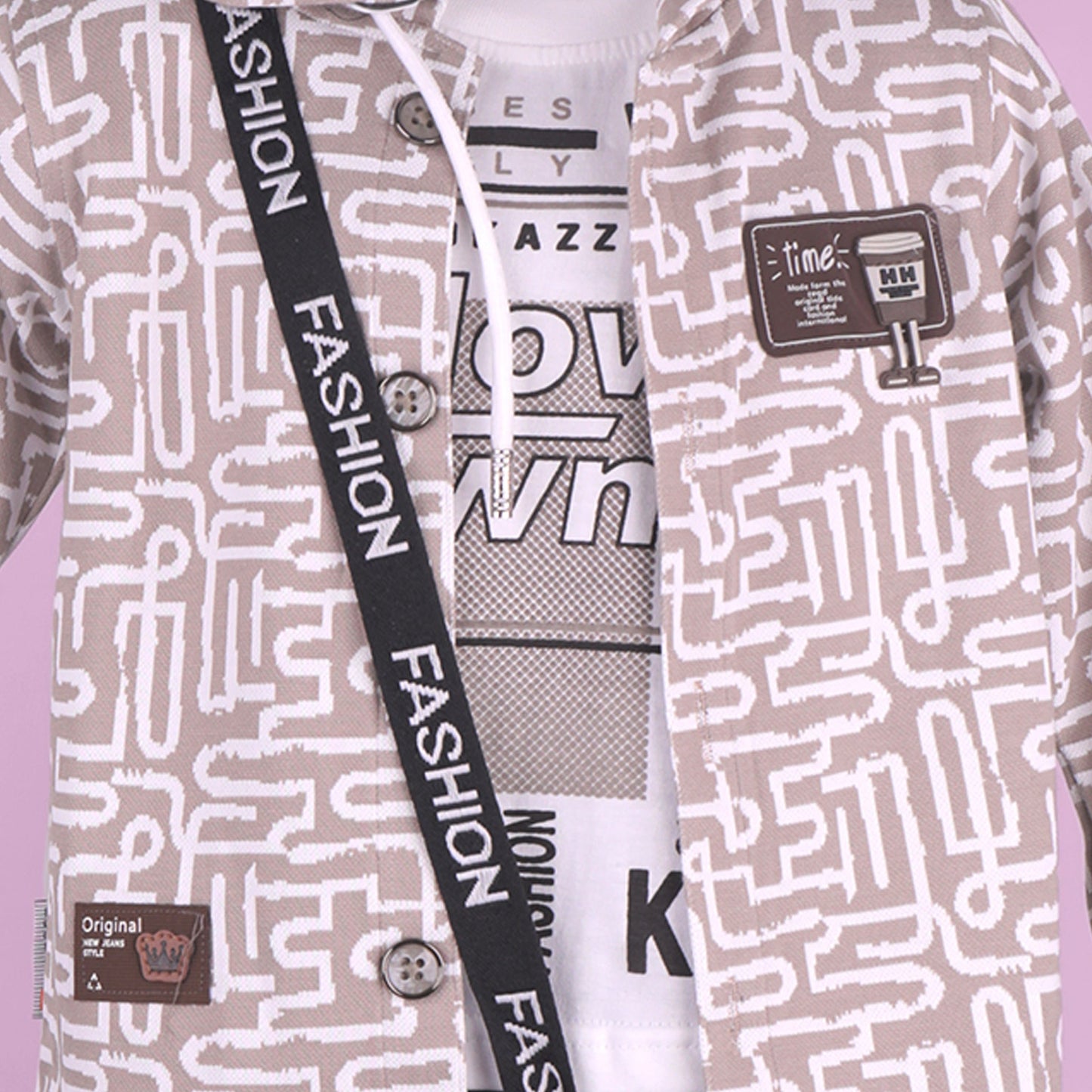 Playful Prints – Boys’ Hooded Shirt & Cargo Pants Set in Camel