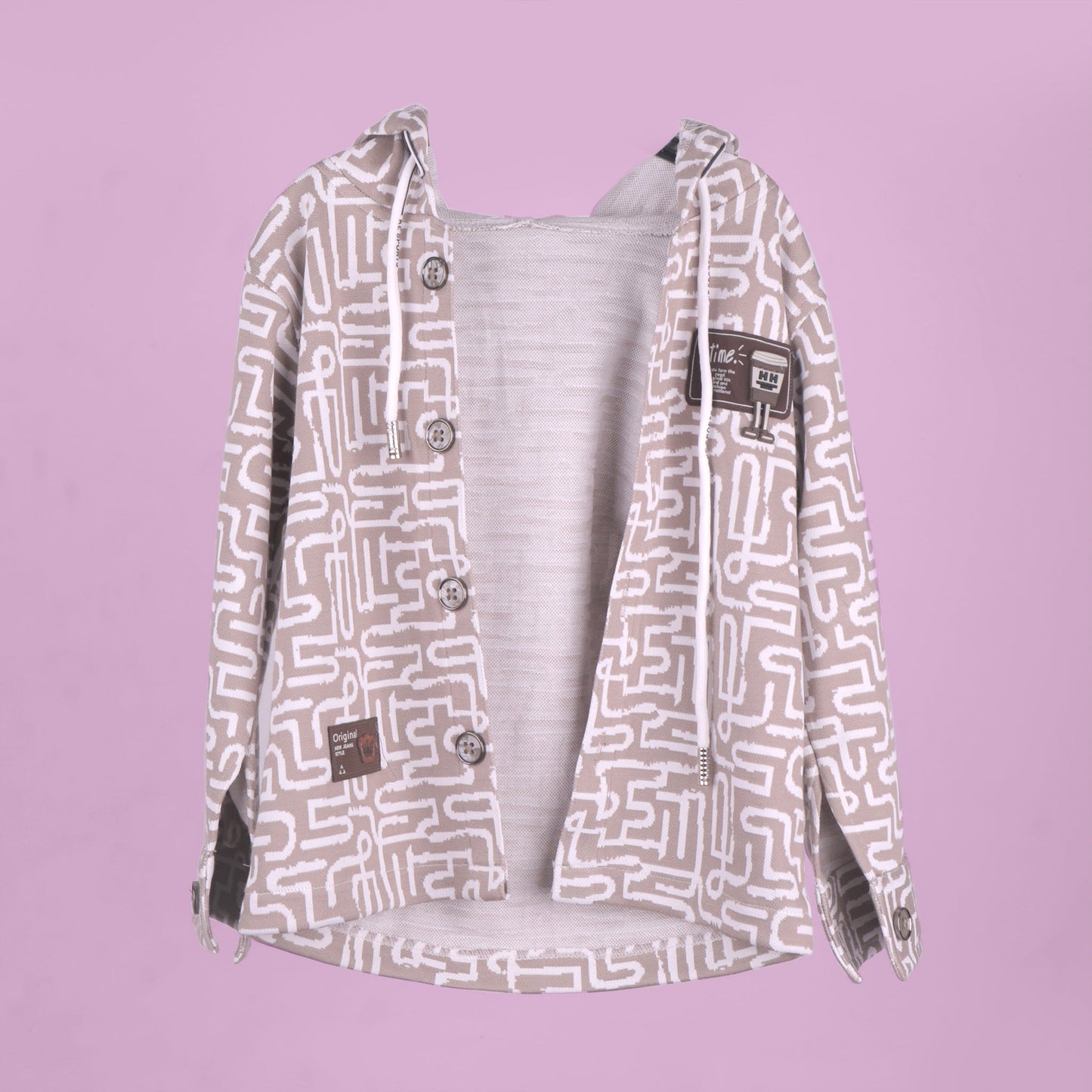 Playful Prints – Boys’ Hooded Shirt & Cargo Pants Set in Camel