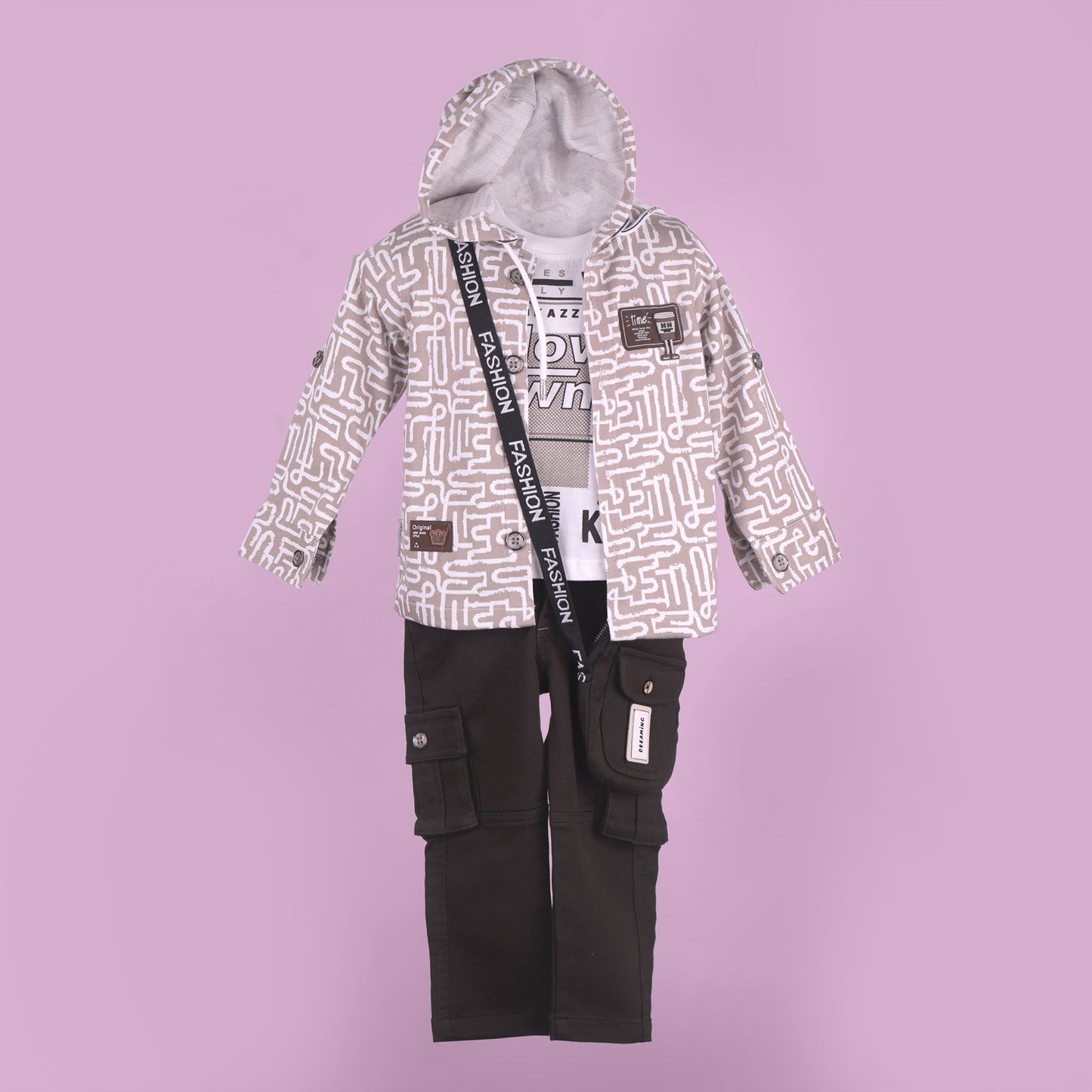 Playful Prints – Boys’ Hooded Shirt & Cargo Pants Set in Camel