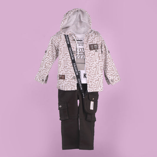 Playful Prints – Boys’ Hooded Shirt & Cargo Pants Set in Camel