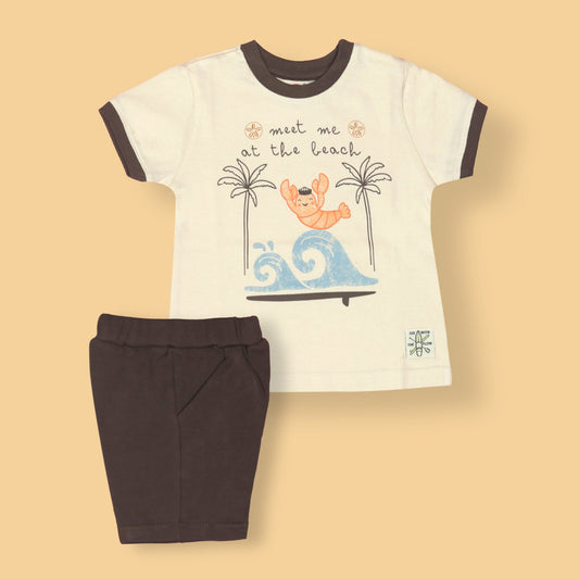 Meet Me at the Beach: Zero's Breezy Coffee Brown Tee & Shorts Set for Fun-Loving Boys