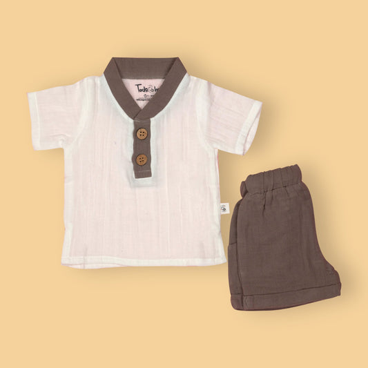 Tod’s Hut Coffee Brown Bengaluru Breeze Duo – Playful Muslin Tee & Draw Cord Shorts for Sunny City Strolls
