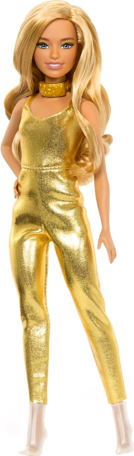 Barbie Fashionistas Doll – Petite Blonde with Wavy Hair, Golden Jumpsuit & Accessories
