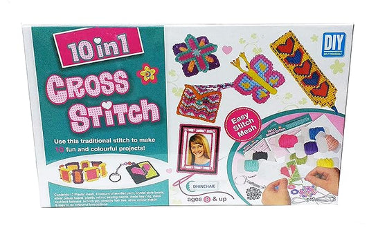 EKTA Cross Stitch 10-in-1 Art and Craft Stitching Game – Create 10 Colorful Projects for Kids – Multicolor, Fabric and Plastic Materials