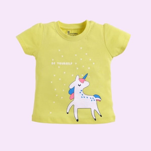 Girl's T-shirt with Cute Unicorn Print - Light Yellow