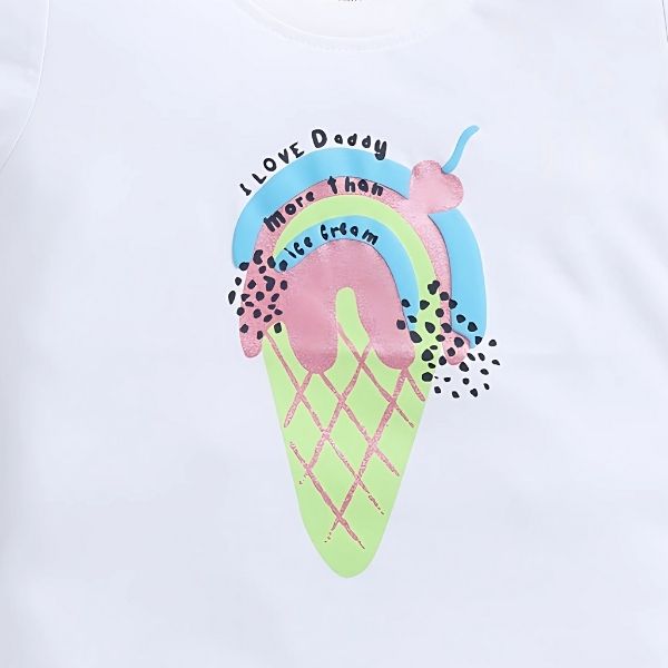 Girl's Pure Cotton T-shirt with Cool Ice-cream Print - White