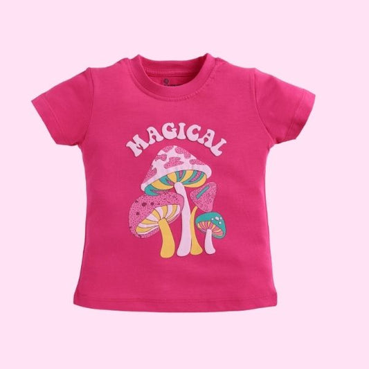 Pink Girl's Cotton T-Shirt with Large Mushroom Print – Soft & Breathable Fabric