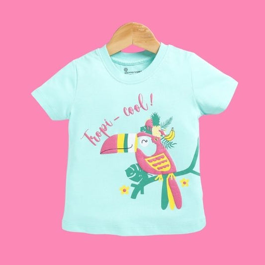 Soft Cotton T-Shirt for Infant Girls – Light Green with Playful Bird Print