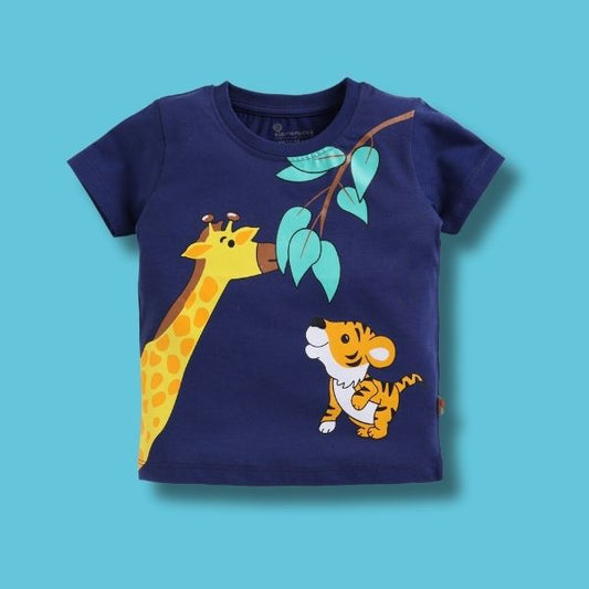 CUCUMBER Navy Blue Boy's Tee – Playful Giraffe & Lion Design