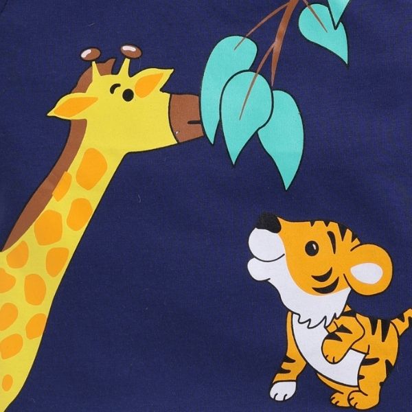 CUCUMBER Navy Blue Boy's Tee – Playful Giraffe & Lion Design