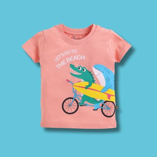 Elemenopee Boy's T-Shirt – Peach with Fun Croc & Shark Print and Beachy Theme