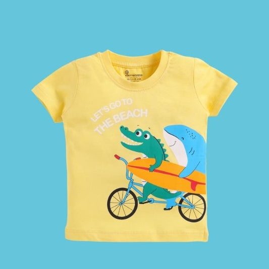 Elemenopee Boy's T-Shirt – Yellow with Fun Croc & Shark Print and Beachy Theme
