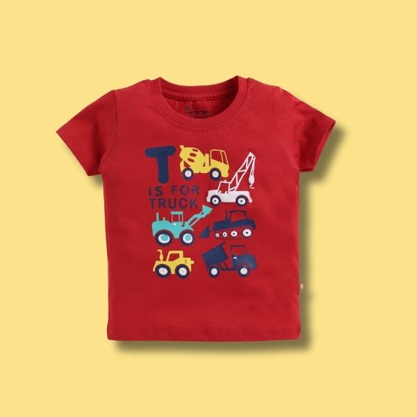 Cucumber Red Cotton Boy's T-Shirt – Playful Truck & Crane Design