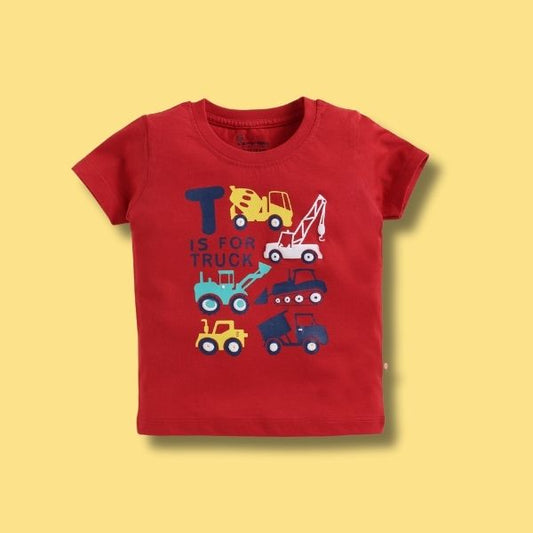 Cucumber Red Cotton Boy's T-Shirt – Playful Truck & Crane Design