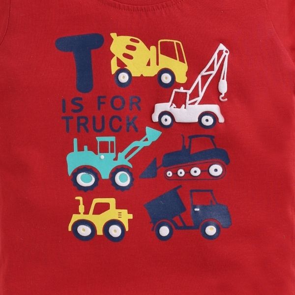 Cucumber Red Cotton Boy's T-Shirt – Playful Truck & Crane Design