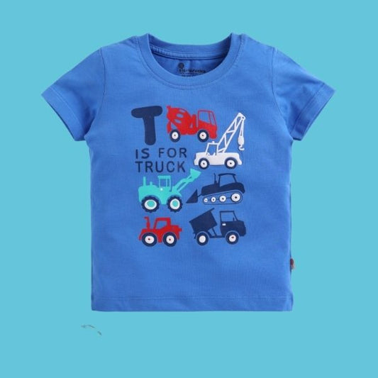 Blue Cotton Boy's T-Shirt – Playful Truck & Crane Design