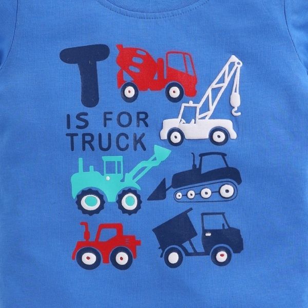 Blue Cotton Boy's T-Shirt – Playful Truck & Crane Design