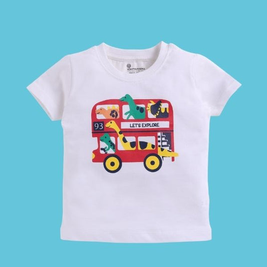 Elemenopee Adventure Theme White T-shirt for Boys - 'Let's explore' Dino & Bus Print