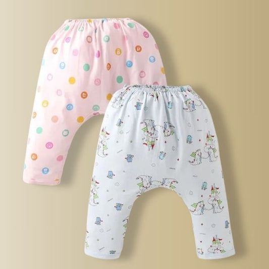 Cute Breathable Full Length Diaper Leggings With Bear & Bus Print Pack of 2 - Light pink & Blue