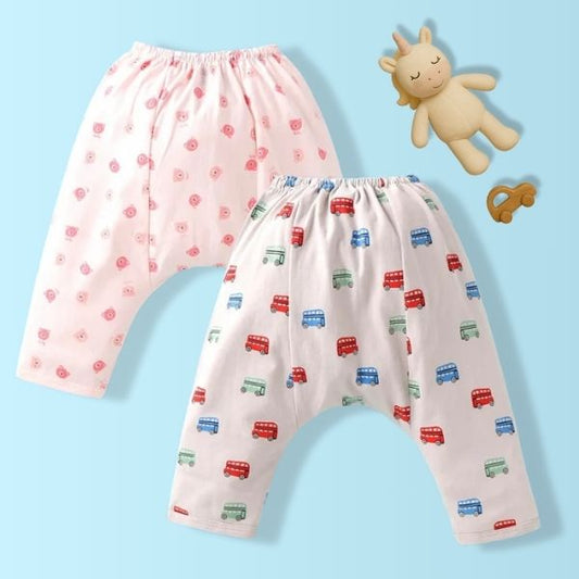 Cute Breathable Full Length Diaper Leggings Bear & Bus Print Pack of 2 -Peach & Offwhite