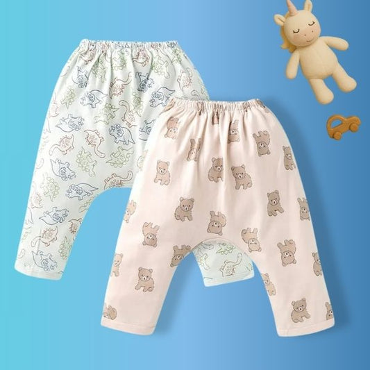 Super Comfortable Diaper Leggings with Cute Bear & Dinosaur Print Pack of 2 -Green & Beige