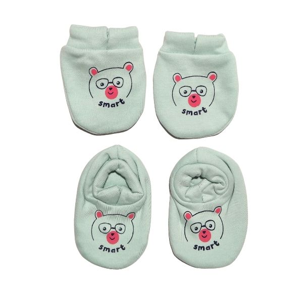 100% Cotton Printed Mittens & Booties set - Pastel Green