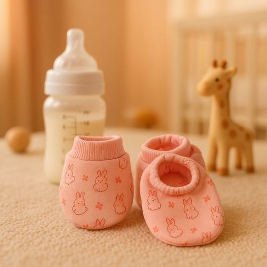 100% Cotton Printed Mittens & Booties set - Candy Pink