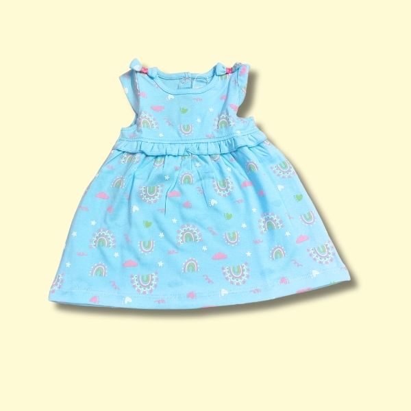 Stylish Cotton Frock with Frill Sleeves - Blue