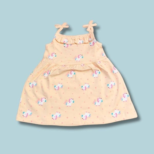 Sleeveless Cotton frock with Unicorn print - Peach