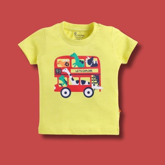Elemenopee Adventure Theme Yellow T-shirt for Boys - 'Let's explore' Dino & Bus Print