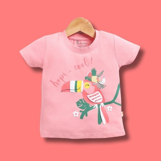 Soft Cotton T-Shirt for Infant Girls – Pink with Playful Bird Print