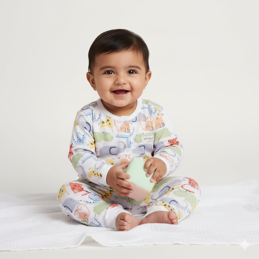 Toffyhouse Cotton Nightwear Set – Animal Print Full Sleeve T-Shirt & Pants for Kids
