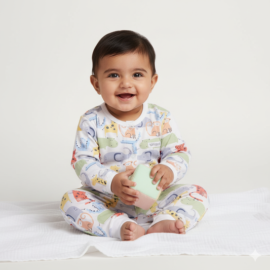 Toffyhouse Cotton Nightwear Set – Animal Print Full Sleeve T-Shirt & Pants for Kids