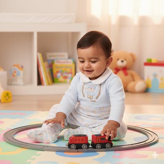Toffyhouse Playful Sky Blue Romper – Soft Touch, Button Fun, Little Explorers Welcome!