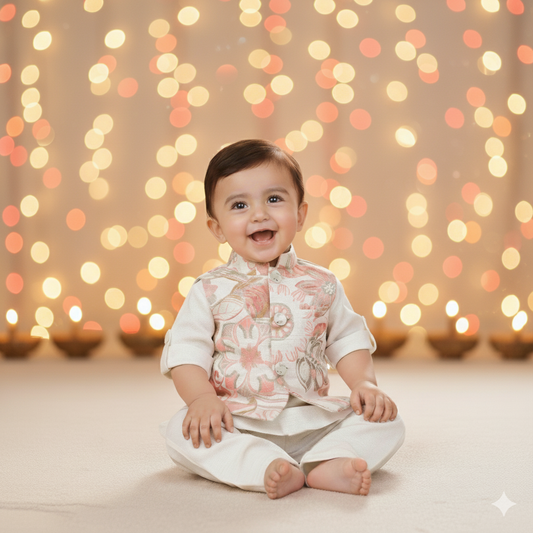 Little Prince Vibes: Aureate Cream Kurta, Pyjama & Jacket for Festival Fun
