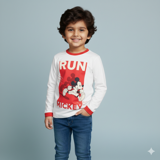Ollypop Unisex White 'RUN MICKEY' Cartoon Print Full Sleeve T-Shirt