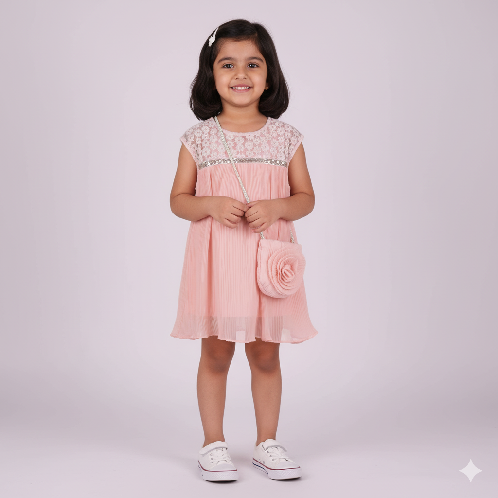 Elegant Peach – Girls’ Sleeveless Frock with Matching Sling Bag