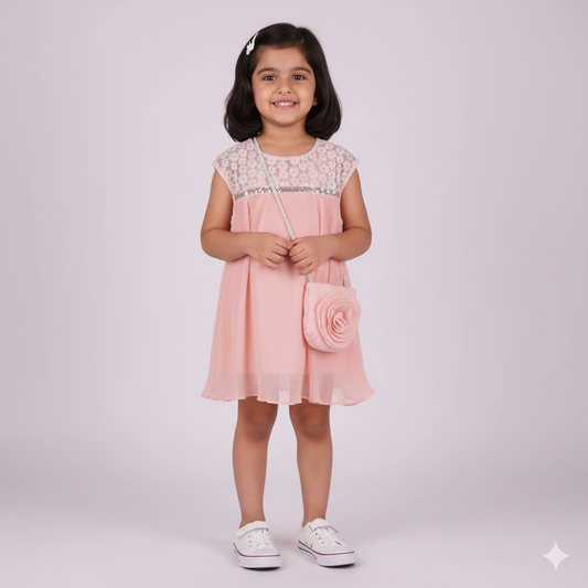 Elegant Peach – Girls’ Sleeveless Frock with Matching Sling Bag