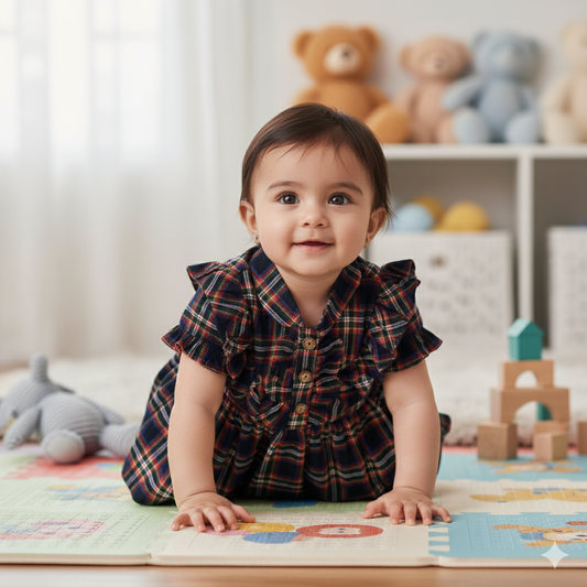 Baby World Navy Blue Cotton One Piece Dress with Mandarin Collar and Half Sleeves