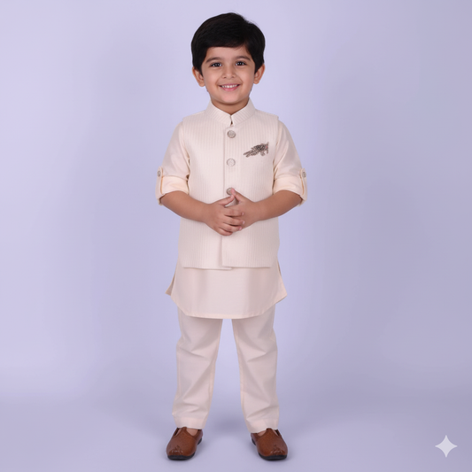 Classic Cream – Boys’ Kurta Pyjama with Striped & Embellished Jacket