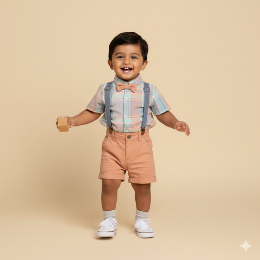 Toffyhouse Orange Checked Romper for Boys – Stylish Knee-Length Dungaree